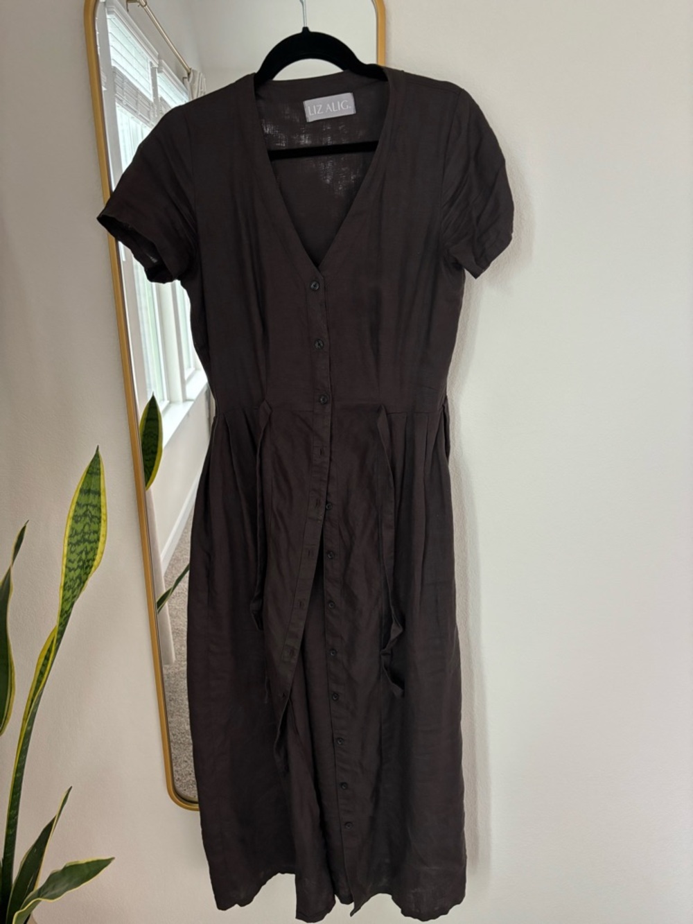 Linen Button-Front V-Neck Midi Dress in Black by LIZ ALIG